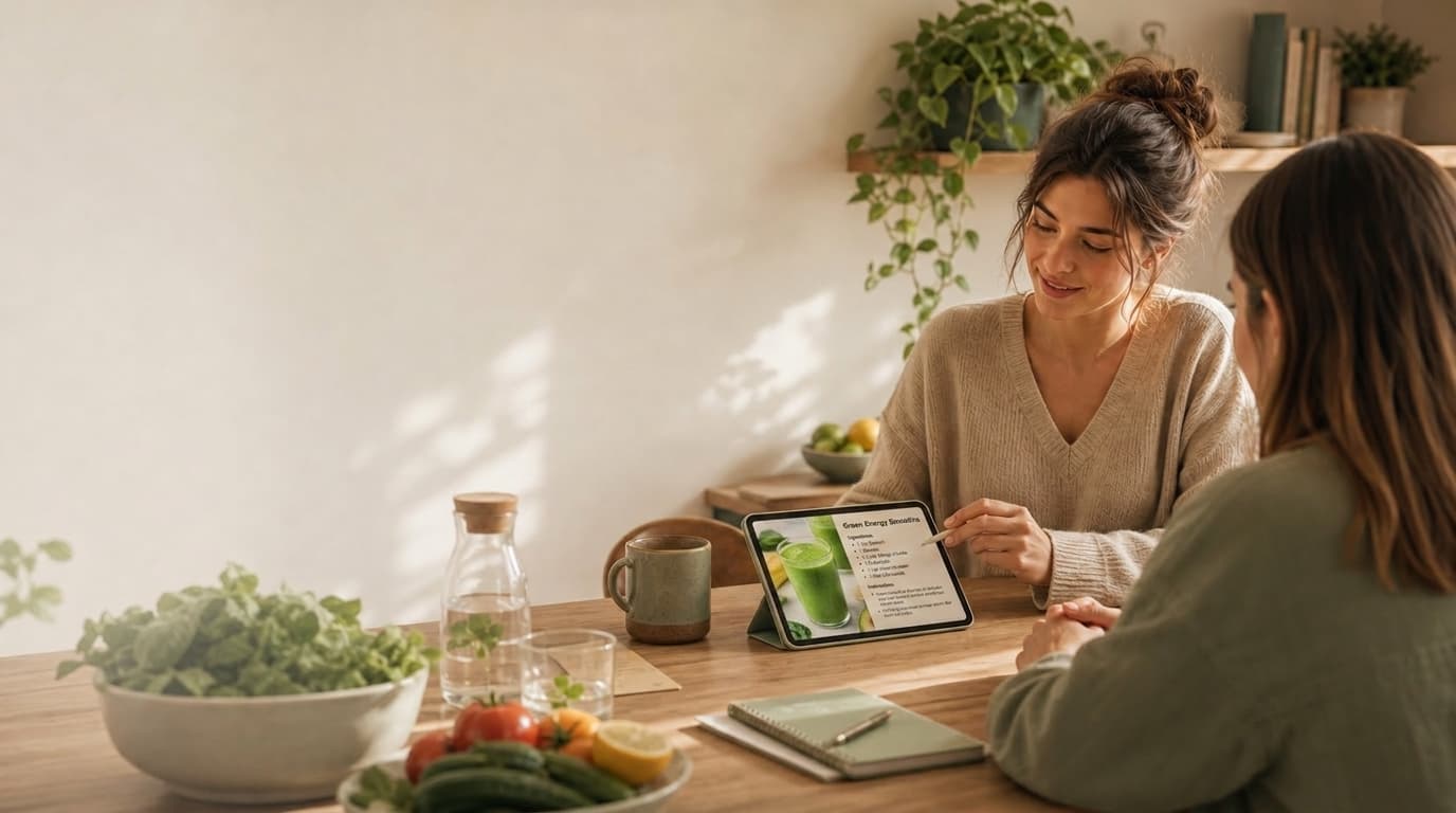 Ernährungsberatung in einer hellen Praxis mit Tablet und frischen Zutaten